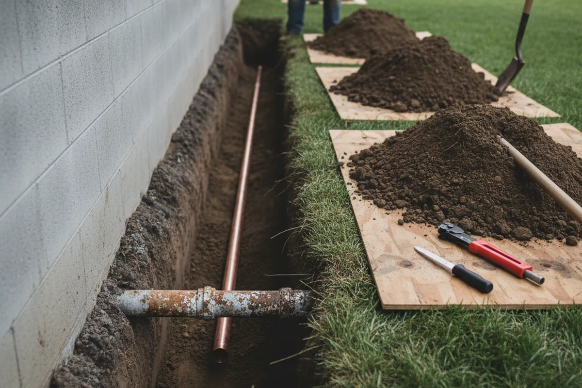 Excavated water line trench during Water Softener Installation in Janesville